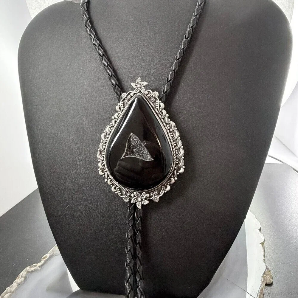 Sterling Silver Southwestern Style Teardrop Onyx Bolo Tie For Men